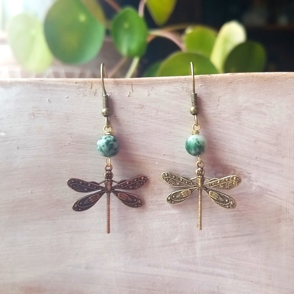 Handmade Dragonfly Earrings - Green Tree Agate and Brass - 1" drop - New